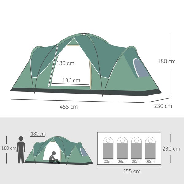 Outsunny Campingzelt, für 5-6 Personen, mit Heringen, 4,55 x 2,3 x 1,8 m, Polyester, Grün