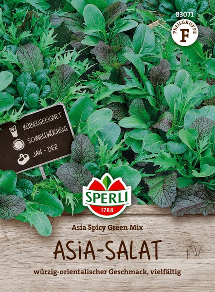 Sperli Saatgut Asia Salat Spicy Green Mix für den Anbau im Kübel geeignet mit ganzjähriger Erntezeit.