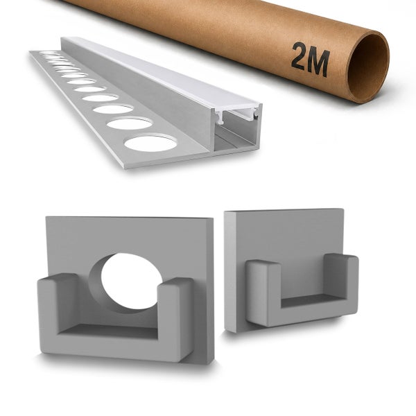 LED Fliesenprofil aus Aluminium mit Diffusor und Zubehör in der Verpackung