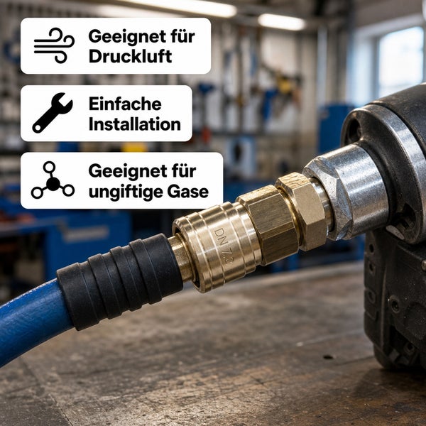 Druckluft Schnellkupplung aus Messing DN 7.2 mit Schlauchanschluss fuer Druckluft und ungiftige Gase mit einfacher Installation.