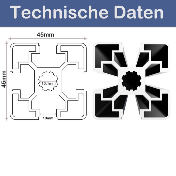 Technische Daten eines 45 Millimeter Aluminiumprofils
