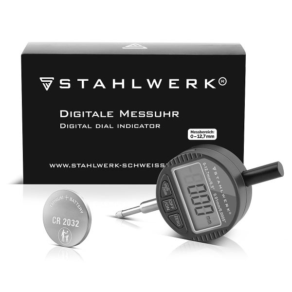 Stahlwerk digitale Messuhr mit Messbereich von 0 bis 12,7 Millimeter, digitaler Anzeige, inklusive CR 2032 Lithium-Batterie und Verpackung.