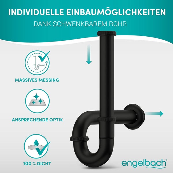 Engelbach® Siphon für Waschbecken - Extra Lang 200mm -  1 1/4 inkl. Gummimanschette mit Montage-Video - Schwarz