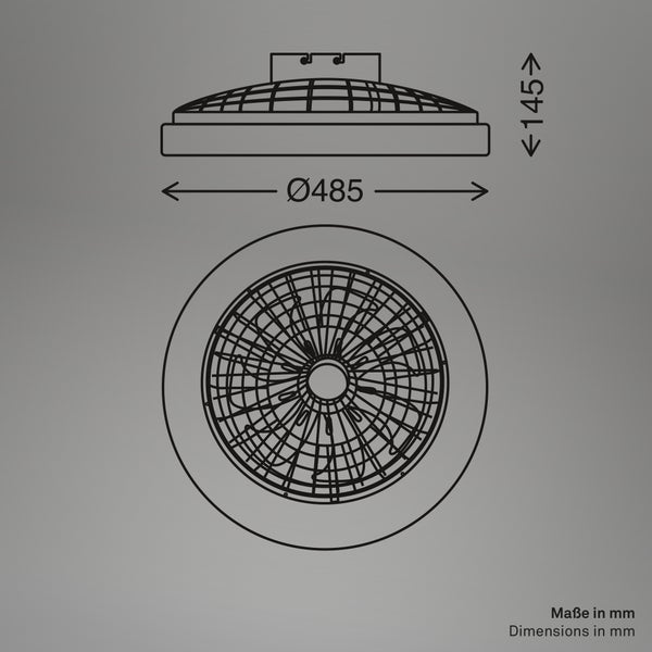 Technische Zeichnung einer runden Deckenleuchte mit einem Durchmesser von 485 Millimetern und einer Höhe von 145 Millimetern.
