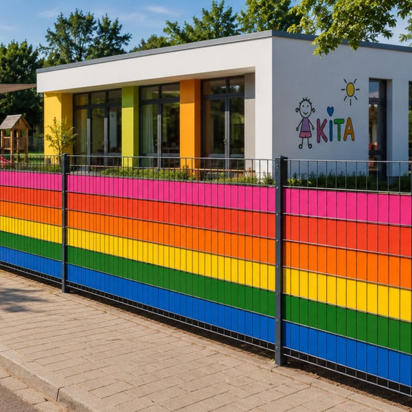 Doppelstabmattenzaun mit bunten Sichtschutzstreifen vor einem modernen Kindertagesstätten Gebäude im Außenbereich.
