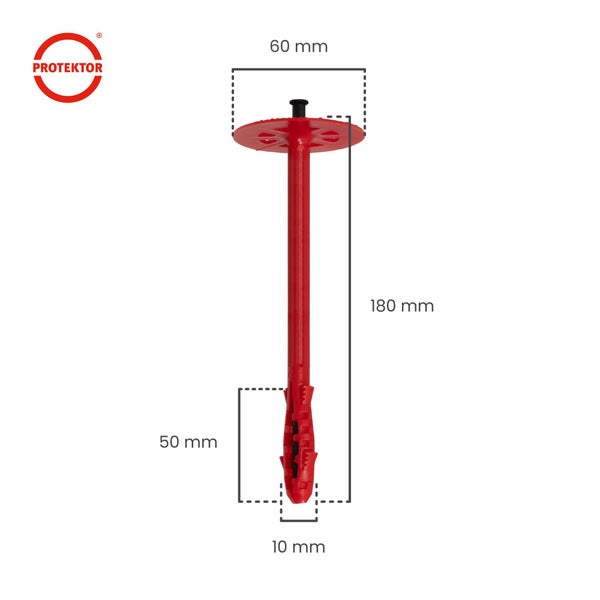 Protektor Dämmstoffdübel mit den Maßen 60 mm, 180 mm, 50 mm und 10 mm.