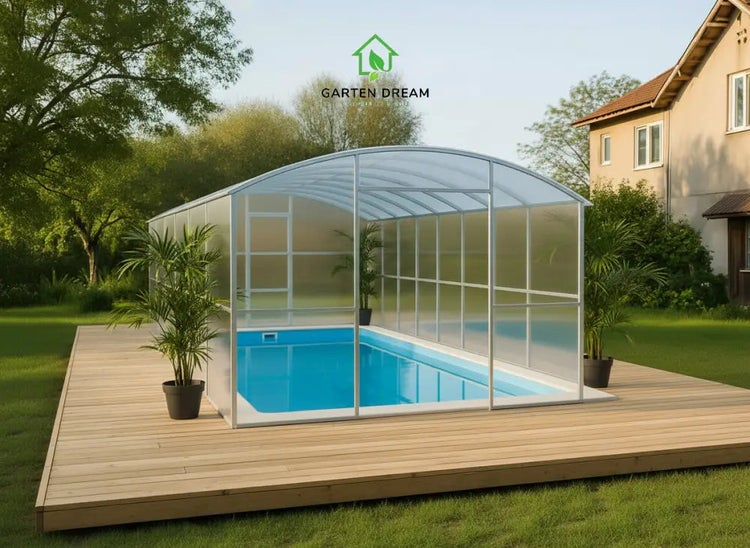 Garten Dream Logo. Einbaupool mit einer bogenförmigen, transparenten Poolüberdachung aus Polycarbonat und Metall auf einer Holzterrasse im Garten.