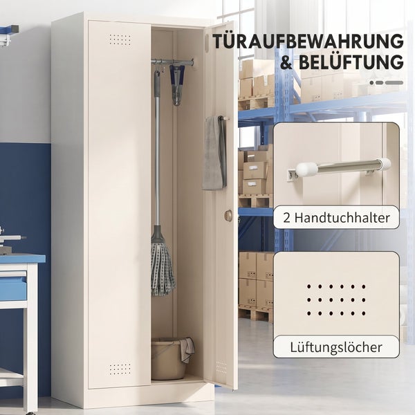 Stahlschrank mit Belüftungsschlitzen und zwei Handtuchhaltern an der Innenseite der Tür zur Aufbewahrung von Reinigungsutensilien.