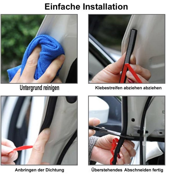 Anleitung zur Installation einer Fahrzeugtürdichtung in vier Schritten: Reinigen, Schutzstreifen abziehen, Anbringen und Zuschneiden.