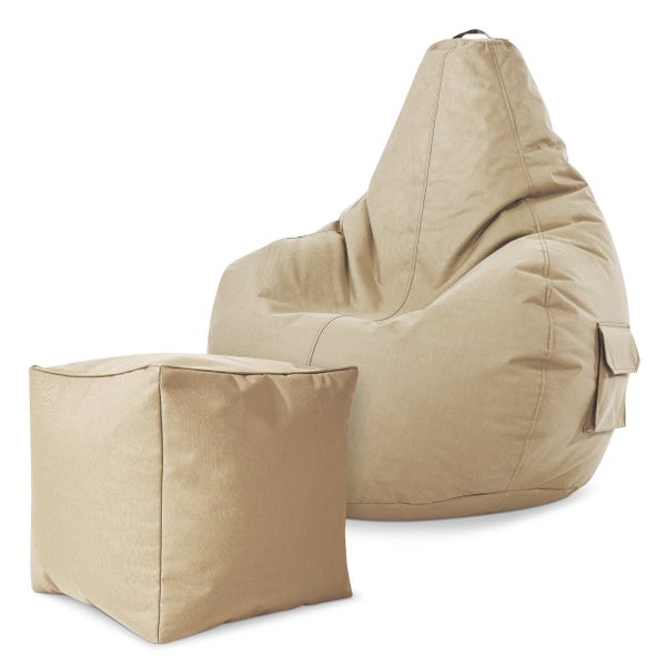 Green Bean© 2er Set Sitzsack + Hocker - fertig befüllt - robust waschbar schmutzabweisend - Kinder & Erwachsene Bean Bag Bodenkissen Lounge Sitzhocker Relax-Sessel Gamer Gamingstuhl Pouf - Beige