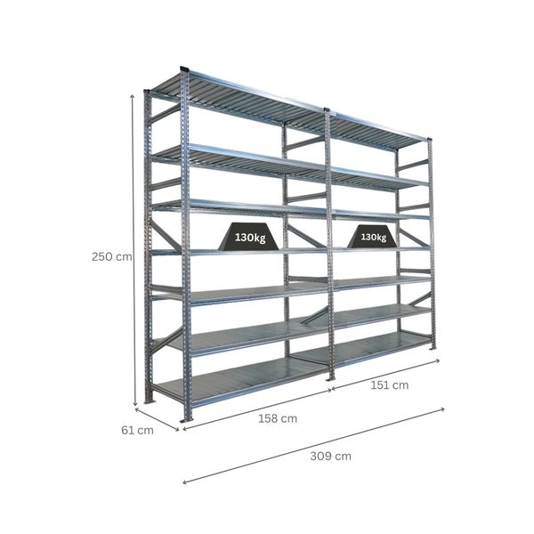 Metallregal mit den Maßen 309 x 250 x 61 cm, belastbar bis 130 kg pro Regalboden