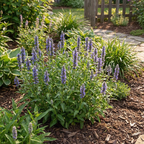Blühende Duftnessel Agastache mit violetten Blütenständen im Gartenbeet mit Rindenmulch und weiteren Stauden.