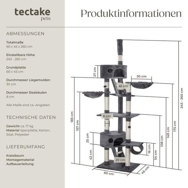Kratzbaum tectake Hansi inklusive 2 Treppen, 2 Spielbällen, Deckenspanner und Kippschutz 243 bis 260 cm grau