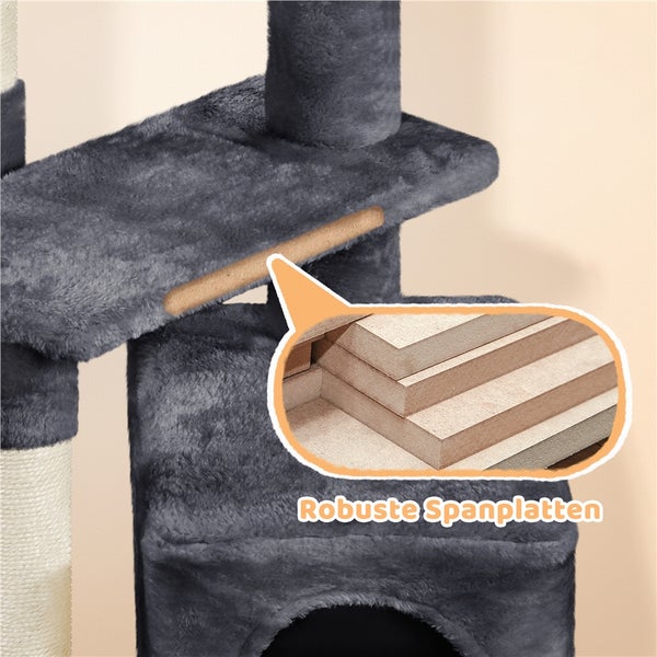 Detailaufnahme von robusten Spanplatten in einem Katzenkratzbaum.