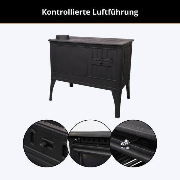 Holzherd mit kontrollierter Luftführung, Detailansichten der Luftregler an einem gusseisernen Küchenofen.
