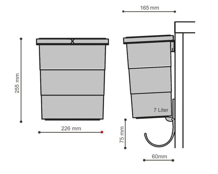 Maßzeichnung eines 7-Liter-Abfalleimers mit den Maßen 255 Millimeter Höhe, 226 Millimeter Breite und 165 Millimeter Tiefe.