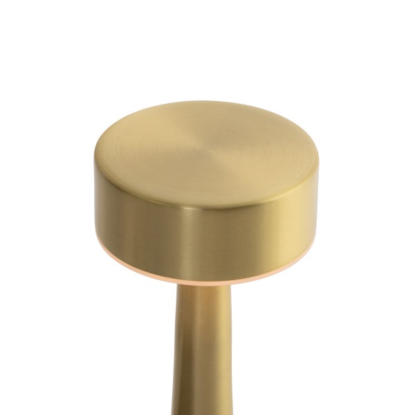 Moderne Tischleuchte aus gebürstetem Metall in Messingoptik mit zylindrischem Kopf.