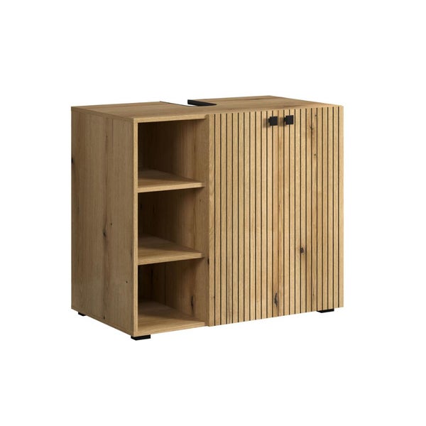 Holzfarbener Waschtischunterschrank mit offenem Regal und Tür mit vertikalen Rillen