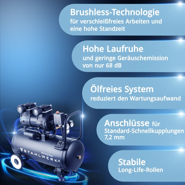 STAHLWERK ST-310 PRO Kompressor mit bürstenloser Technologie, geringer Geräuschemission, ölfreiem System und Long-Life-Rollen