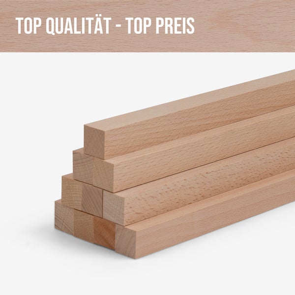 Stapel Buchenholzleisten mit dem Schriftzug Top Qualität - Top Preis