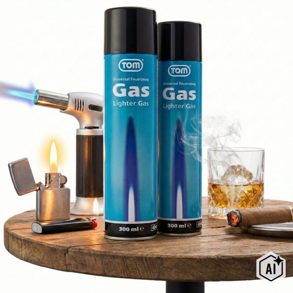 Zwei Dosen Tom Universal Feuerzeuggas mit 300 Milliliter Inhalt auf einem Holztisch mit verschiedenen Feuerzeugen und einer Zigarre.