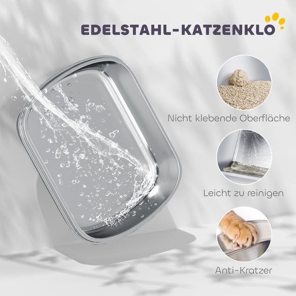 Edelstahl-Katzenklo mit nicht klebender Oberfläche, leicht zu reinigen und kratzfest.