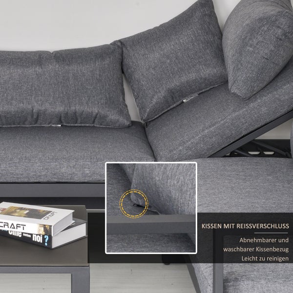 Outsunny 3-tlg. Gartengarnitur Gartenmöbel-Set 4-stufig verstellbar Gartenliege Gartenset Sitzgruppe mit Beistelltisch Sofa mit Kissen Outdoor Aluminium Grau