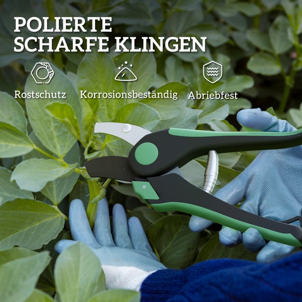 Gartenschere mit polierten, scharfen Klingen schneidet Pflanzen, mit Symbolen für Rostschutz, Korrosionsbeständigkeit und Abriebfestigkeit