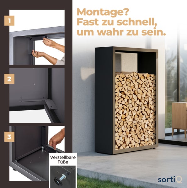 Anleitung zum Aufbau des SortiQ Kaminholzregals mit verstellbaren Füßen