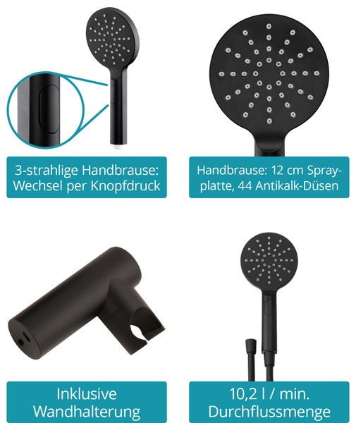 Calmwaters® Wannenset in Schwarz, 3-strahliger Duschkopf, Strahlartenwechsel per Knopf & 12 cm Sprayplatte, 150 cm Metall-Brauseschlauch, mit Wandhalter, Antikalk-Noppen, 21AG6183
