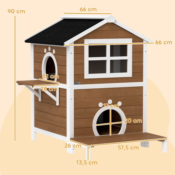 PawHut Katzenhaus aus Holz Katzenhöhle mit Fenster, Balkon, Wetterfest Katzenhütte mit 2 Ebenen, herausnehmbarem Boden, für 1-2 Katzen, Indoor, Outdoor, 66 x 66 x 90 cm, Braun