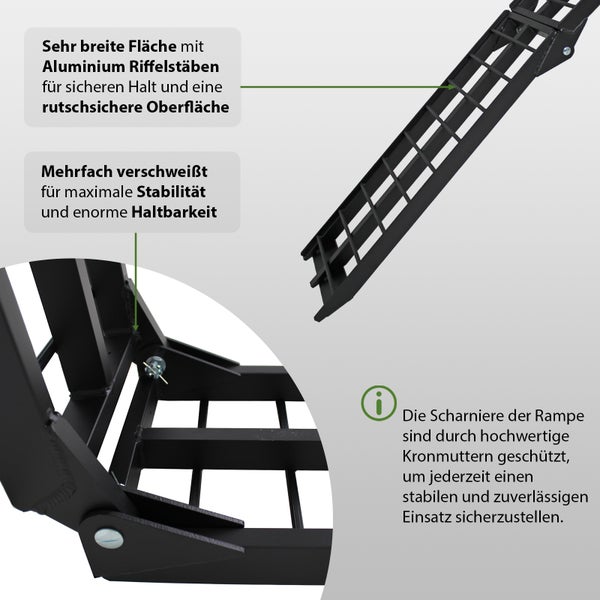 Detailansicht einer Motorradrampe mit Aluminium-Riffelstäben für sicheren Halt und Stabilität