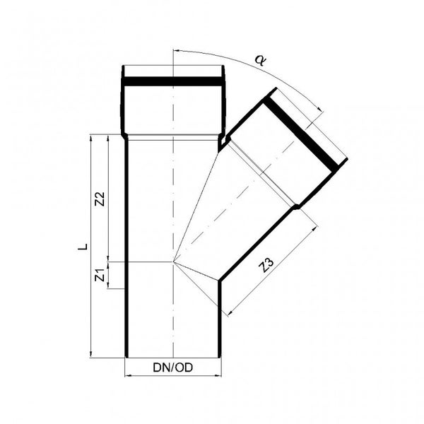 Technische Zeichnung eines Abzweigs für Abwasserrohre mit Bemaßung für Länge, Winkel alpha und Durchmesser.