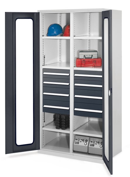 Werkstattschrank mit Regalböden und Schubladen zur Aufbewahrung von Werkzeugen und Arbeitsmaterialien
