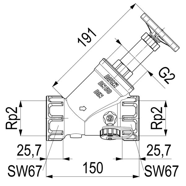 Maßzeichnung eines Schrägsitzventils mit Nennweite 50, Gewinde Rp 2 Zoll, Schlüsselweite 67 und einer Länge von 150 Millimetern.