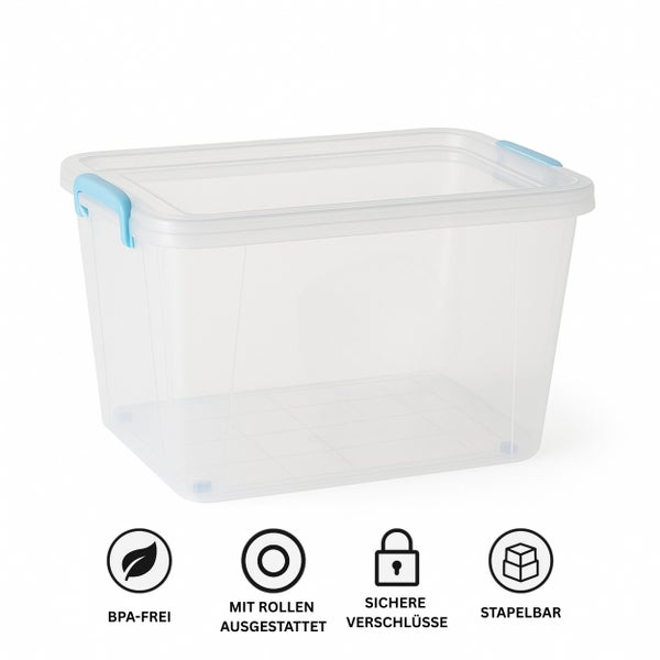 Transparente Aufbewahrungsbox mit Rollen und sicheren Verschlüssen, BPA-frei und stapelbar