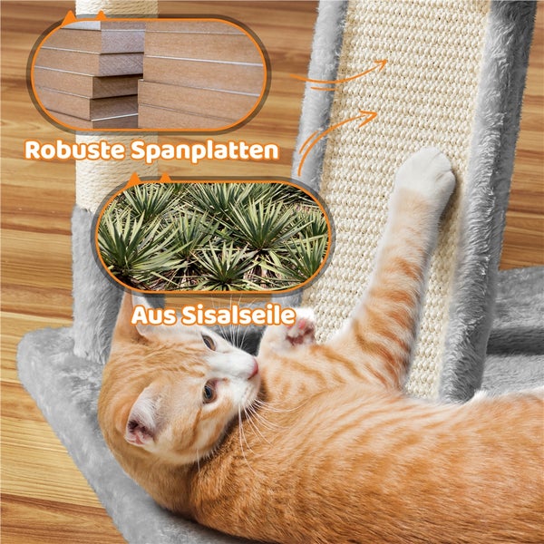 Detailansicht eines Katzenkratzbaums mit Spanplatten, Sisalseil und einer Katze