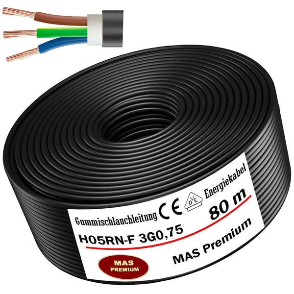 MAS Premium Gummischlauchleitung H05RN-F 3G0,75 auf Rolle, Länge 80 Meter, mit dreipoligem Kabelquerschnitt.