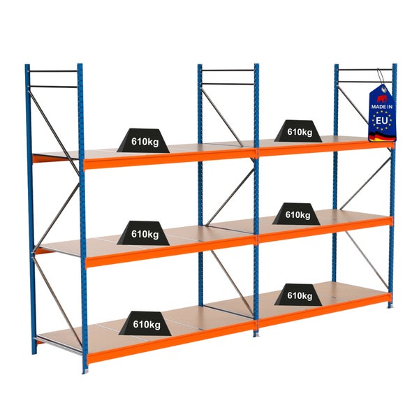 Lagerregal mit Ebenen und einer Traglast von 610 Kilogramm pro Ebene, Hergestellt in der EU Siegel