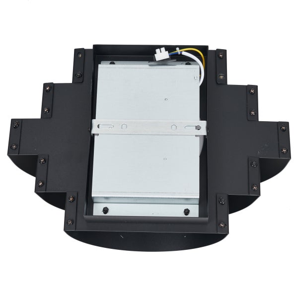 Innenansicht einer schwarzen Deckenleuchte mit elektronischen Komponenten