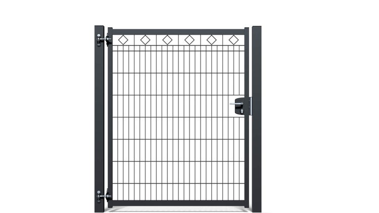 Gartentür ZAUNGURU BASIC-Linie Raute aus Metall, Höhe: 163cm, Breite: 150cm, 1-flügelig inkl. Pfosten, Schloss und Zubehör, Feuerverzinkt und zusätzlich in RAL 7016 Anthrazitgrau pulverbeschichtet