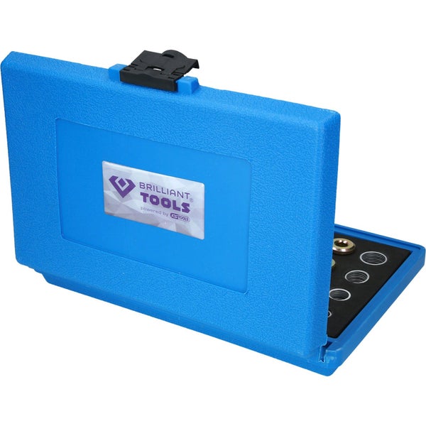 64-teiliges Werkzeugset mit Gewindebohrern, Schneideisen und Dichtringen in einer blauen Aufbewahrungsbox.