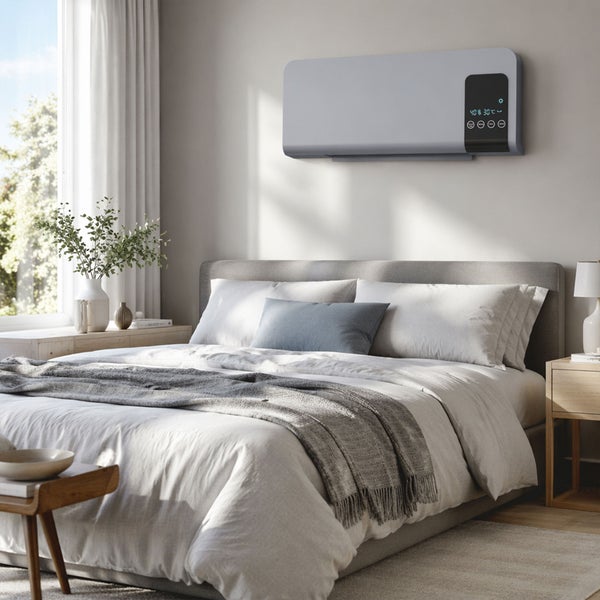 Wandheizlüfter mit digitaler Anzeige und Wärmestrahlung an der Wand montiert