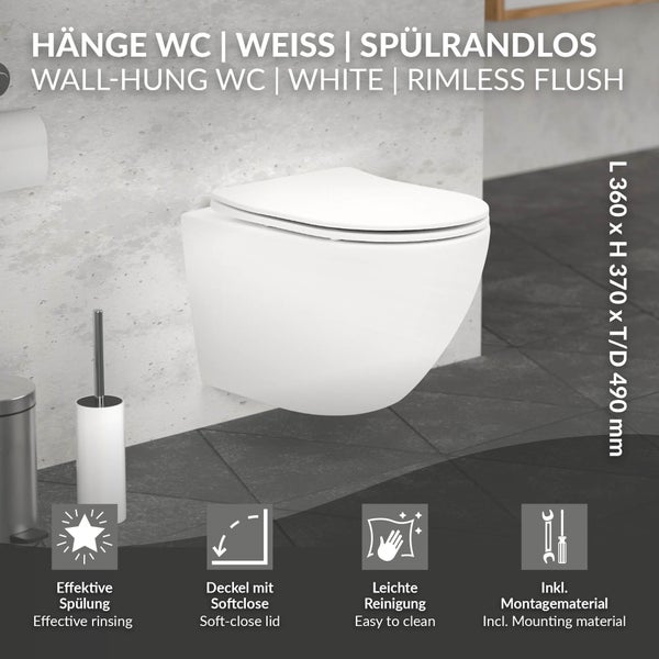 ECD Germany Spülrandloses Hänge WC weiß matt mit abnehmbaren WC-Sitz aus Duroplast Softclose Absenkautomatik, Wand-WC Tiefspüler kurze Ausladung 49cm, Design Toilette aus Sanitärkeramik, Tiefspül-WC