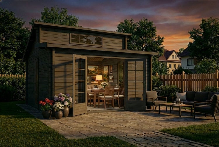 Modernes Gartenhaus aus Holz mit Glasdoppeltür, beleuchtetem Innenraum mit Esstisch und gepflasterter Terrasse mit Gartenmöbeln.