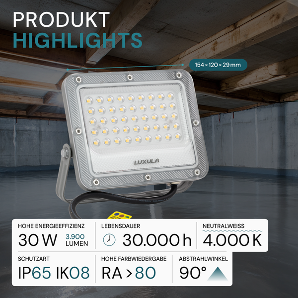 Luxula LED-Strahler, 30 Watt, 3900 Lumen, 4000 Kelvin, Schutzart IP65 und Schlagfestigkeit IK08