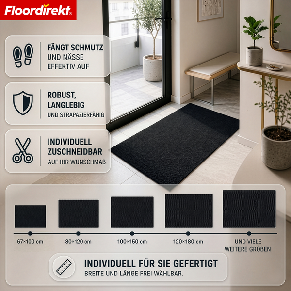 Floordirekt Logo, schwarze Schmutzfangmatte im hellen Eingangsbereich, Eigenschaften wie Schmutzaufnahme, Langlebigkeit und individuelle Maße.