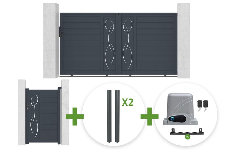 Schiebetor-Set inklusive Gartentor, zwei Pfosten und elektrischem Antrieb. Anthrazitfarbenes Design mit waagerechten Lamellen und Ziermuster.
