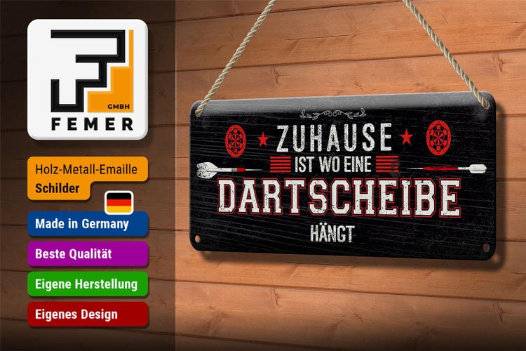 Blechschild Spruch Zuhause ist wo eine Dartscheibe 10x27cm