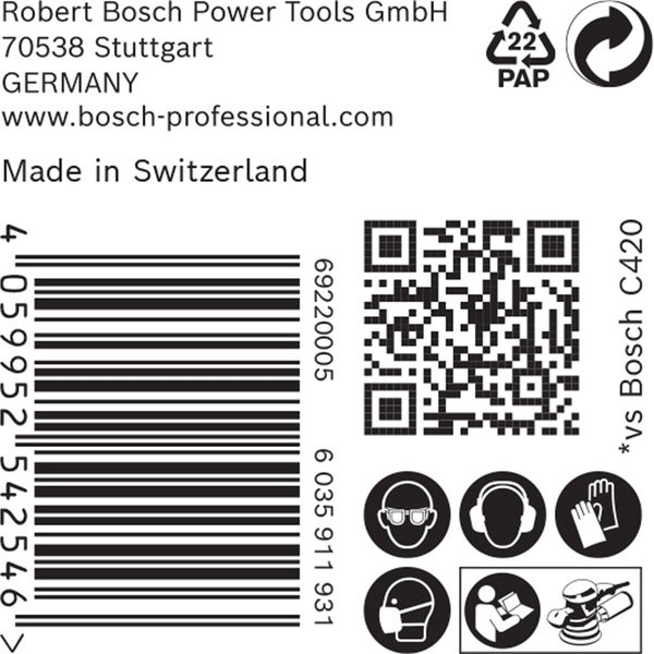 Robert Bosch Power Tools GmbH Logo, Barcode, QR-Code, Recycling Symbol und Sicherheitshinweise